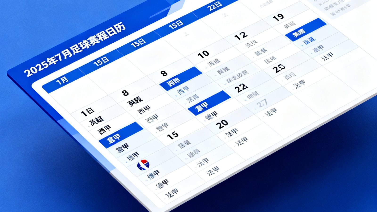 看球吧赛程日历页面以月视图展示2025年7月各大足球联赛的比赛安排，用户可按日期和联赛筛选查看